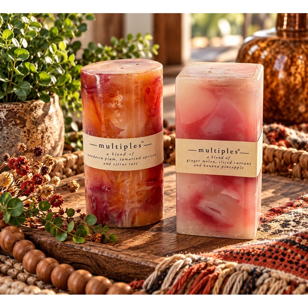 Pier 1 Imports Multiples Pillar Candles Set of 2 Fruit Scent 6" Discontinued